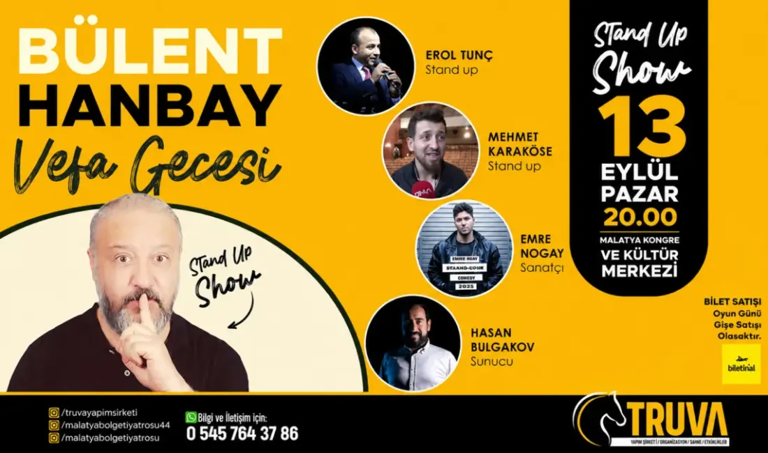 Bülent Hanbay Vefa Gecesi 13 Eylül’de Malatya’da Malatya’nın kültür ve sanat hayatına katkılarıyla tanınan Bülent Hanbay anısına